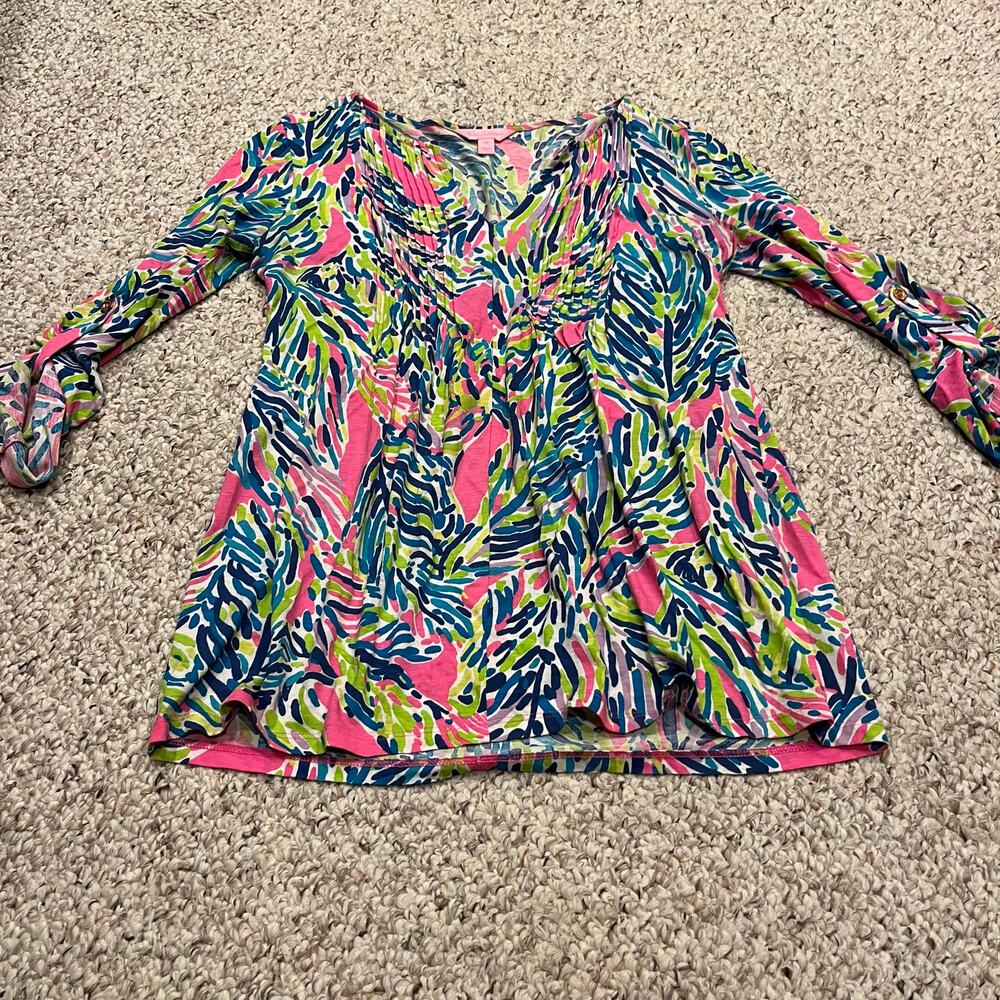 Lilly Pulitzer Brayden Blouse Sz XS Roll Tab Sleeves Preppy Resortwear Colorful